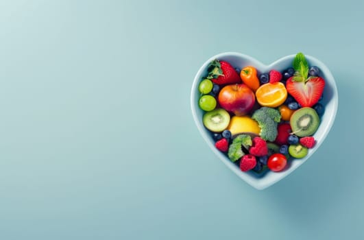 A bowl of fruit is shaped like a heart by AI generated image.