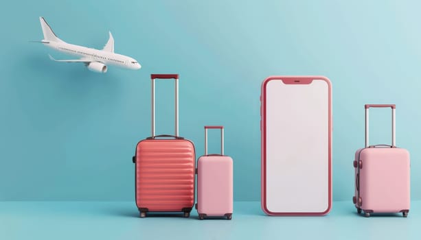 3D render of a smartphone with blank screen, suitcases, and airplane. Concept of travel and technology by AI generated image.