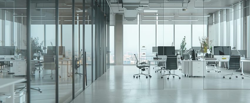 A large open office space with many white chairs and desks by AI generated image.