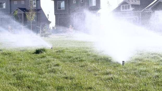 A suburban neighborhood scene featuring automatic sprinklers watering a lush green lawn in front of modern homes. The sprinklers create a misty effect, emphasizing the freshness and care of the landscape.