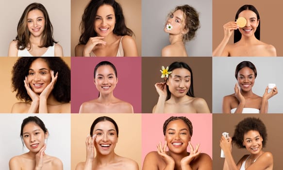 A collage showing diverse women, each performing their skincare routines, against a vibrant, unified studio background.