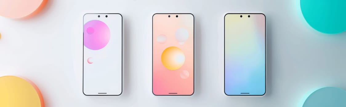 Three cell phones are displayed in a row, each with a different color by AI generated image.