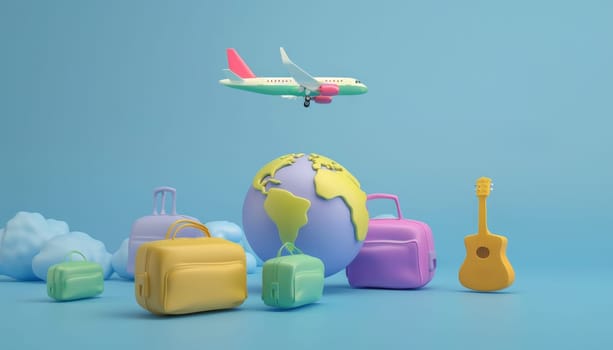 3D isometric icon of a travel concept with planet, airplane, and suitcase. Concept of global travel and tourism by AI generated image.