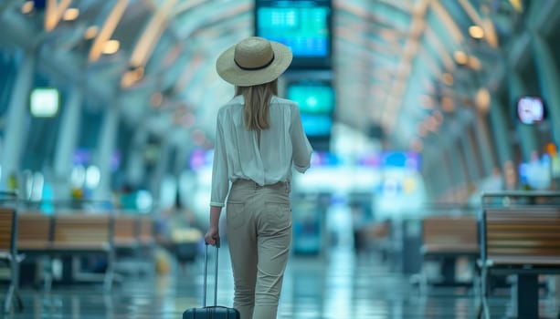 Woman in airport with suitcase wearing hat and white shirt. Concept of travel and journey by AI generated image.