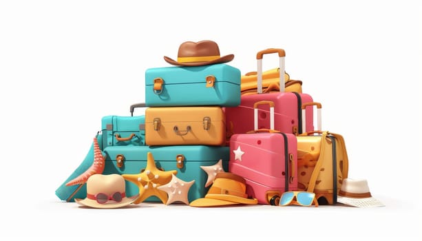 Pile of luggage, beach accessories, and travel items. Concept of vacation and summer holiday by AI generated image.