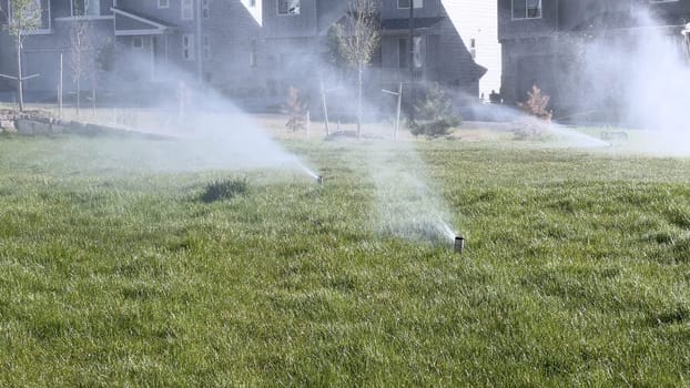 A suburban neighborhood scene featuring automatic sprinklers watering a lush green lawn in front of modern homes. The sprinklers create a misty effect, emphasizing the freshness and care of the landscape.