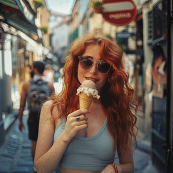 A red-haired woman smiles happily as she eats an ice cream cone while standing on a sunny street in a European city.