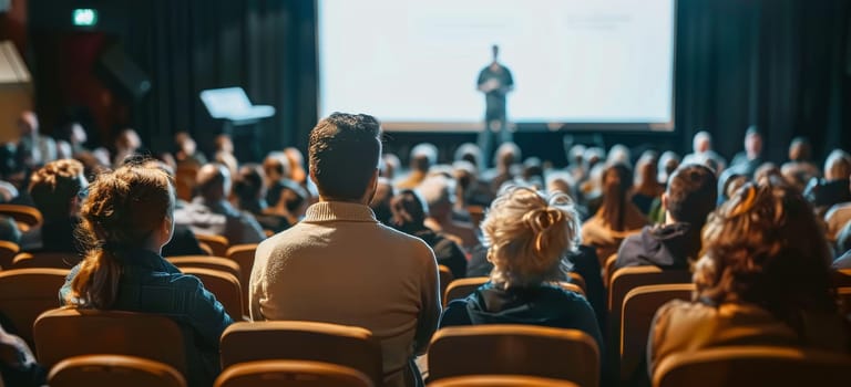 A man stands in front of a crowd of people, looking out at them by AI generated image.