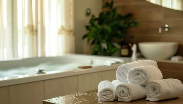 A bathroom with a bathtub and a sink. There are five white towels stacked on a table