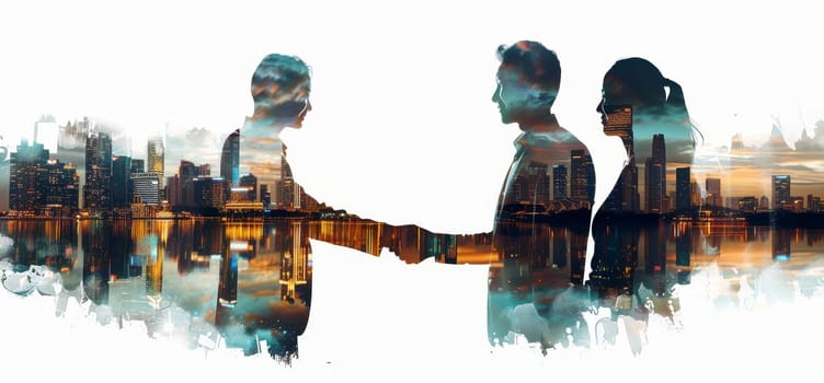 A man shakes hands with another man in a cityscape by AI generated image.