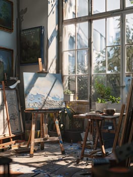 An artists studio filled with natural light and featuring a digital canvas and smart brushes.