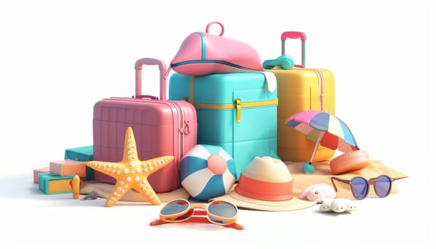 Pile of luggage, beach accessories, and travel items. Concept of vacation and summer holiday by AI generated image.