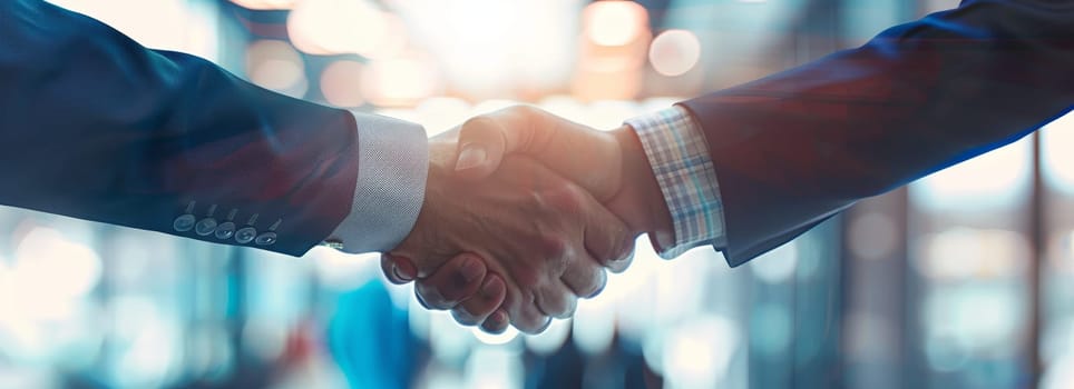 Two men shaking hands in a business setting by AI generated image.