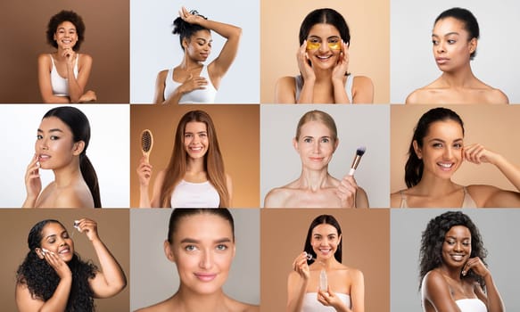 Beauty in diversity is captured in this visual collage, illustrating women's skincare rituals against a backdrop of subtle studio colors.