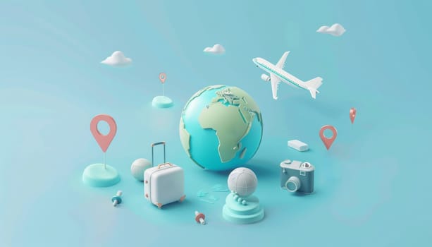 3D isometric icon of a travel concept with planet, airplane, and suitcase. Concept of global travel and tourism by AI generated image.