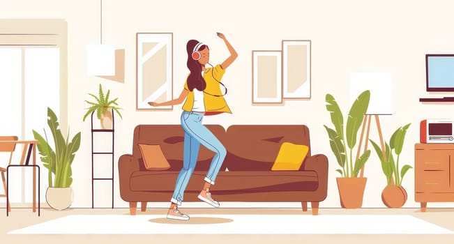 A woman is dancing in a living room by AI generated image.