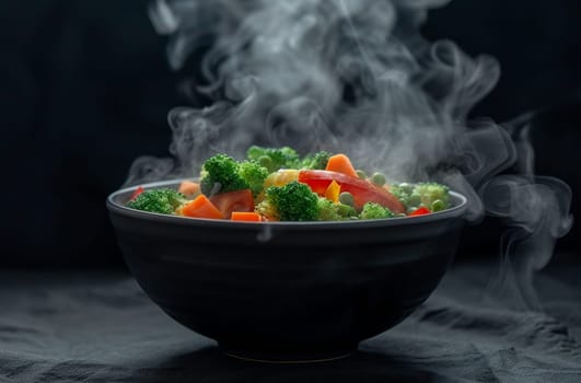 A bowl of food with steam coming out of it by AI generated image.