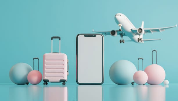 3D render of a smartphone with blank screen, suitcases, and airplane. Concept of travel and technology by AI generated image.