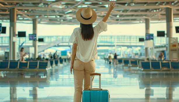 Woman in airport with suitcase wearing hat and white shirt. Concept of travel and journey by AI generated image.