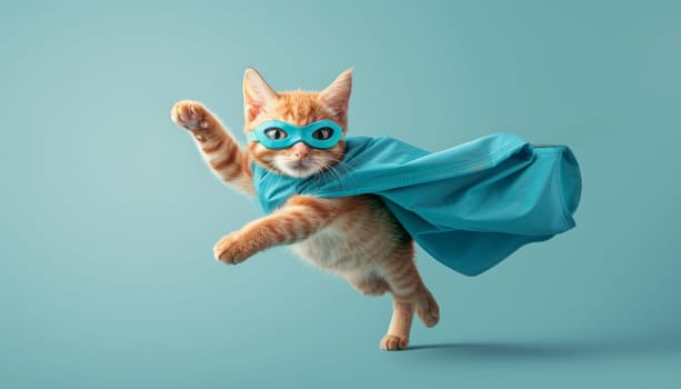 Superhero cat flying with blue mask and cape. Concept of feline heroism by AI generated image.