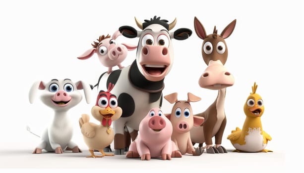 Group of cartoon farm animals including a cow, pig, and chicken. Concept of fun and farm life by AI generated image.