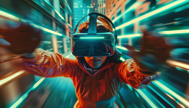 A woman in a virtual reality headset is riding a motorcycle by AI generated image.