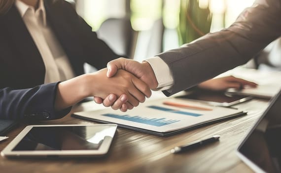 Two people shaking hands in a business setting by AI generated image.