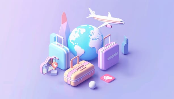 3D isometric icon of a travel concept with planet, airplane, and suitcase. Concept of global travel and tourism by AI generated image.