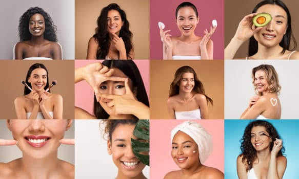 A collage of multiracial women, each engrossed in their beauty regimens, set against a professionally lit studio set.