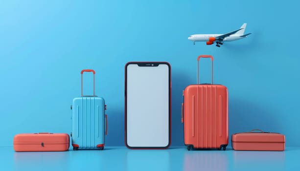 3D render of a smartphone with blank screen, suitcases, and airplane. Concept of travel and technology by AI generated image.