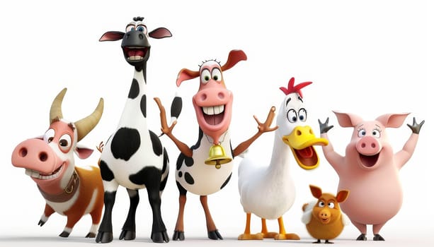 Group of cartoon farm animals including a cow, pig, and chicken. Concept of fun and farm life by AI generated image.