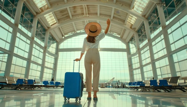 Woman in airport with suitcase wearing hat and white shirt. Concept of travel and journey by AI generated image.