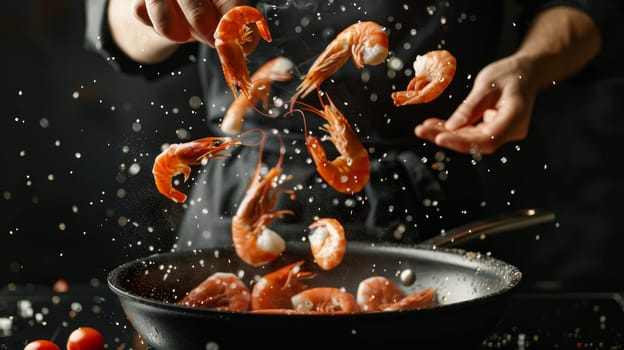 A chef is cooking shrimp in a pan and sprinkling them with salt by AI generated image.