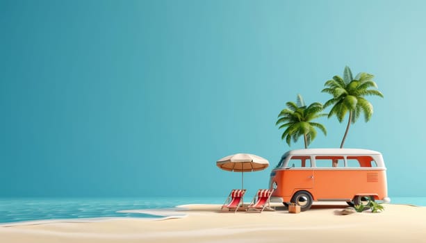 3D rendering of a cartoon travel bus on the beach with palm trees. Concept of summer vacation and fun by AI generated image.