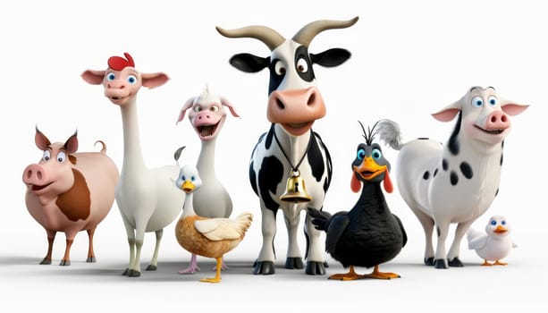 Group of cartoon farm animals including a cow, pig, and chicken. Concept of fun and farm life by AI generated image.