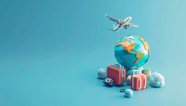 3D isometric icon of a travel concept with planet, airplane, and suitcase. Concept of global travel and tourism by AI generated image.