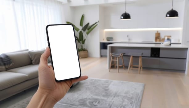 A person is holding a smart phone in a living room with a couch by AI generated image.