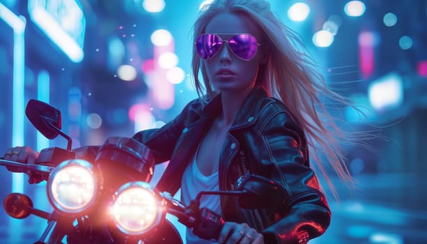 A woman is riding a motorcycle in a city at night. She is wearing sunglasses and a leather jacket