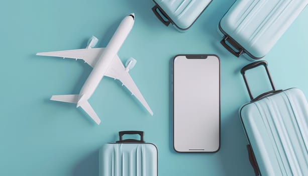 3D render of a smartphone with blank screen, suitcases, and airplane. Concept of travel and technology by AI generated image.