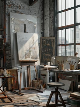 An artists studio with a large window providing natural light. An easel with a canvas and AI tools are in the foreground.