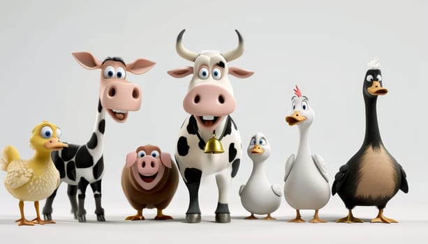 Group of cartoon farm animals including a cow, pig, and chicken. Concept of fun and farm life by AI generated image.