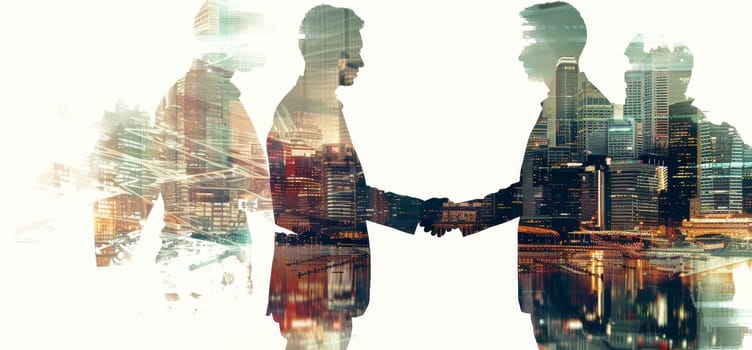 A man shakes hands with another man in a cityscape by AI generated image.
