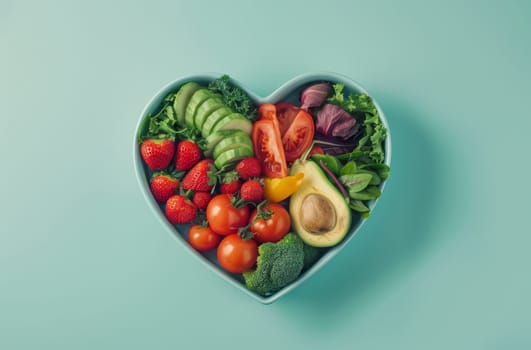 A heart-shaped bowl filled with a variety of fruits and vegetables by AI generated image.