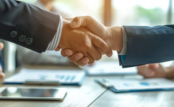 Two people shaking hands in a business setting by AI generated image.