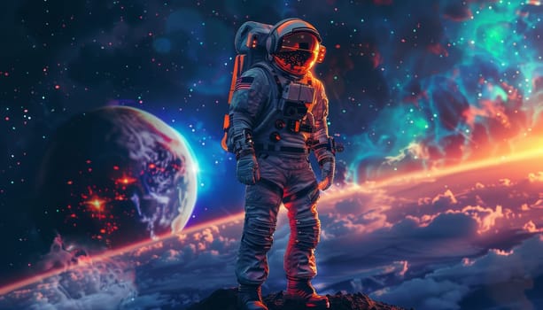 A man in a spacesuit stands on a rocky surface with a planet in the background by AI generated image.