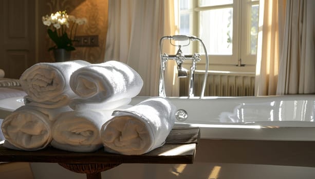 A bathroom with a bathtub and a sink. There are five white towels stacked on a table