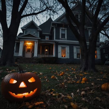 Lots of Halloween glowing pumpkins in a dark courtyard with an old house behind them. The site of the house is gloomy and autumnal.