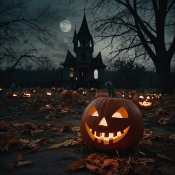 Lots of Halloween glowing pumpkins in a dark courtyard with an old house behind them. The site of the house is gloomy and autumnal.