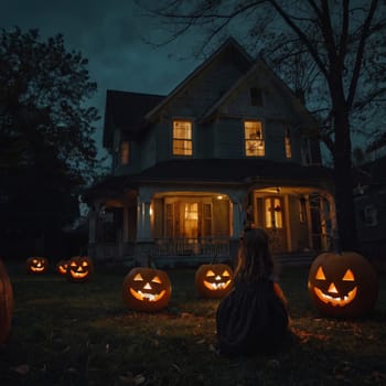 Lots of Halloween glowing pumpkins in a dark courtyard with an old house behind them. The site of the house is gloomy and autumnal.