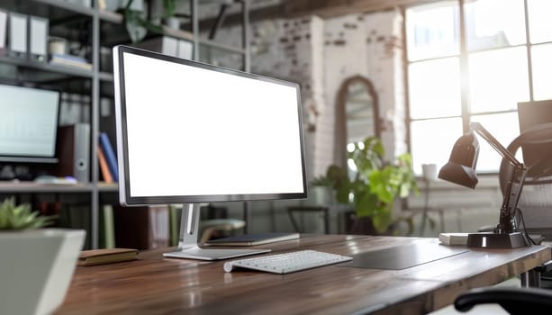 A computer monitor sits on a wooden desk in a room with a potted plant and a vase. The room is well-lit and has a modern, professional feel